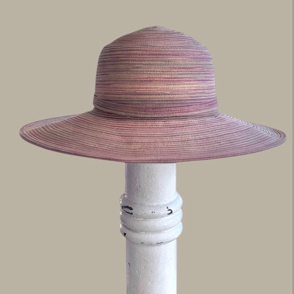 Wide Brim Woven Look Sun Hat Pink Beige Multicolor